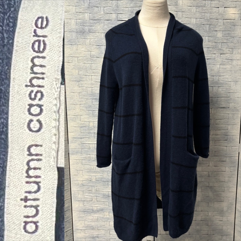 Autumn Cashmere Cardigan‎ Womens XS 100% Pure Cashmere Navy Blue Striped Long